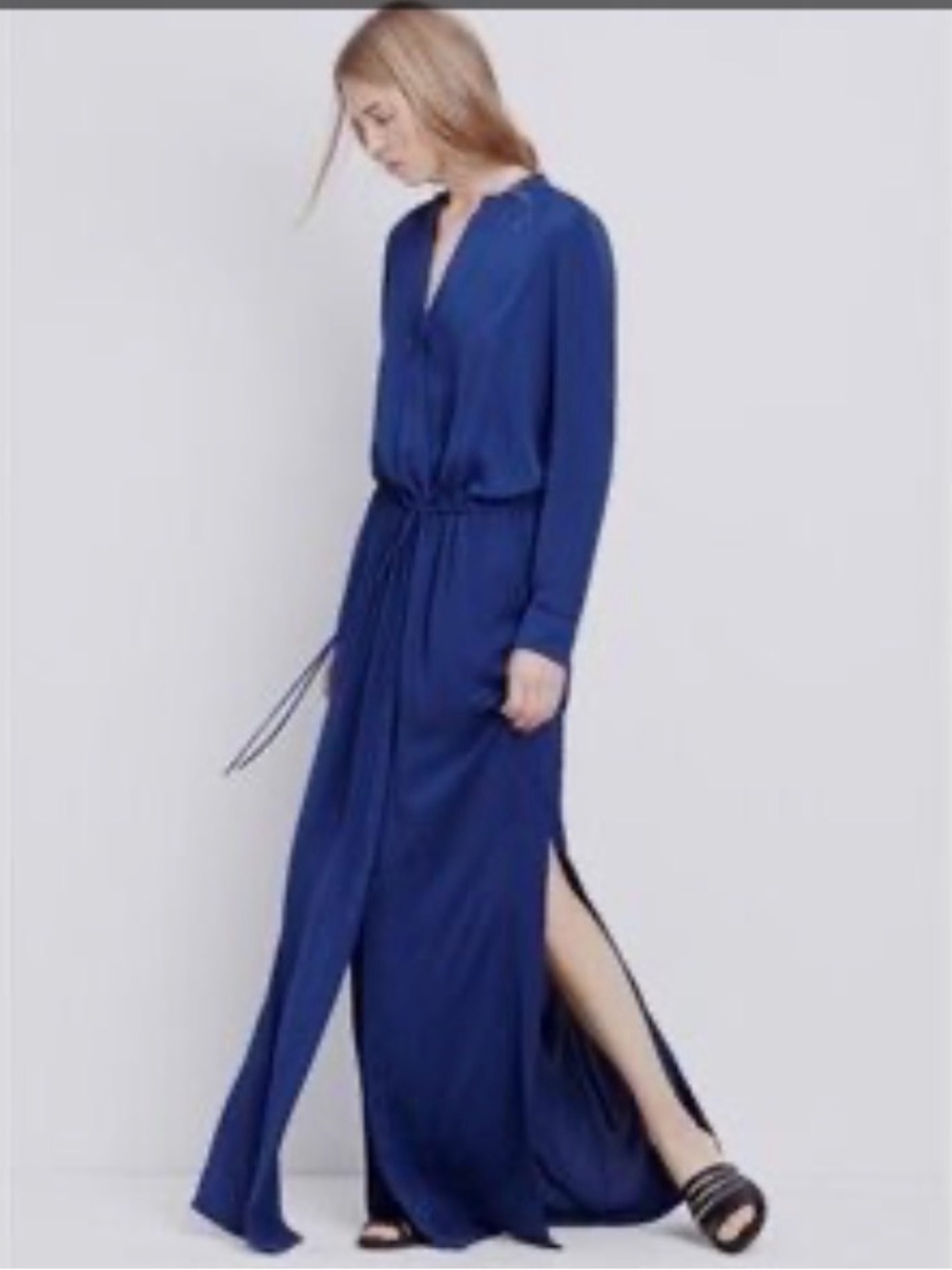 Vince Washed Satin Maxi Shirt Dress Dark Navy Side Slits Cinched Waist SZ L